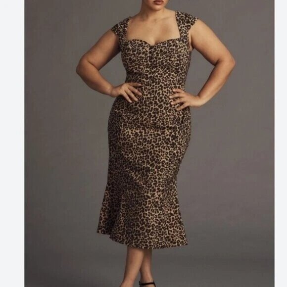 Anthropologie The Cecily Cotton Fit & Flare Sweet Dress in Leopard Print Size L - Picture 1 of 7